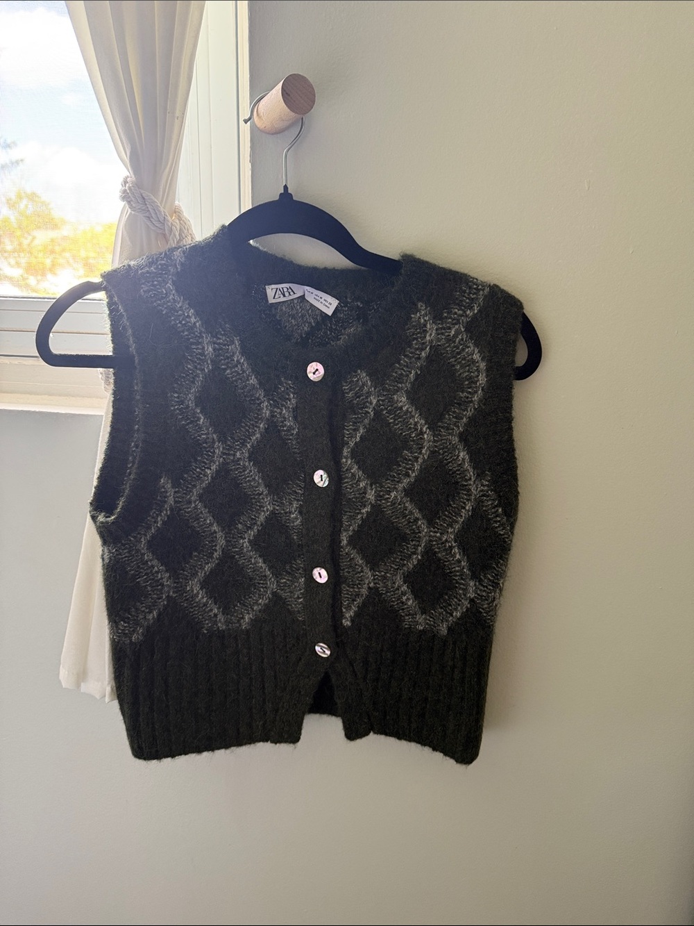 Zara Black & Gray Diamond Mohair-Blend Button Vest